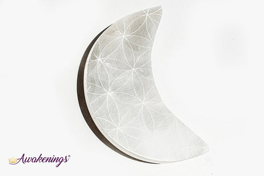 Selenite/Satin Spar Crescent Moon - Seed/Flower of Life Flat
