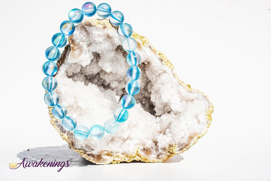 Frosted Mermaid Glass Light Blue Aura Bracelet -8mm