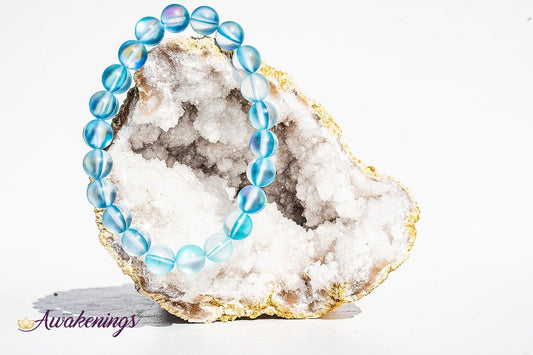 Frosted Mermaid Glass Light Blue Aura Bracelet -8mm