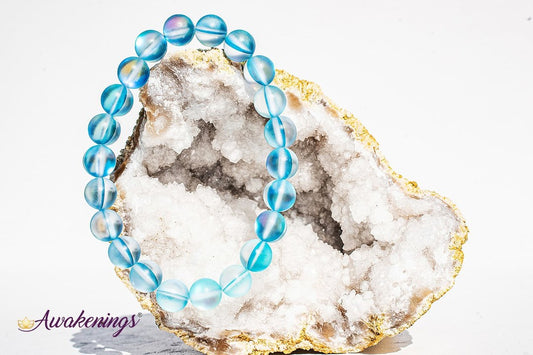Frosted Mermaid Glass Light Blue Aura Bracelet -8mm
