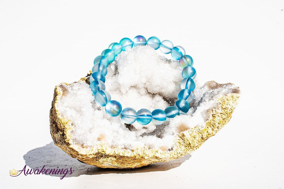 Frosted Mermaid Glass Light Blue Aura Bracelet -8mm