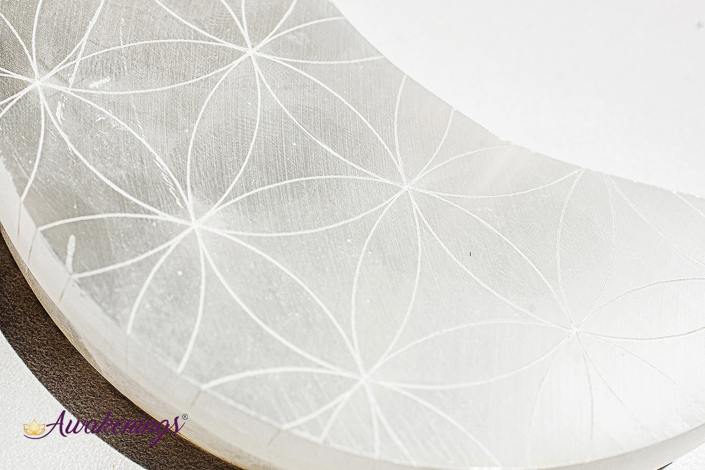 Selenite/Satin Spar Crescent Moon - Seed/Flower of Life Flat