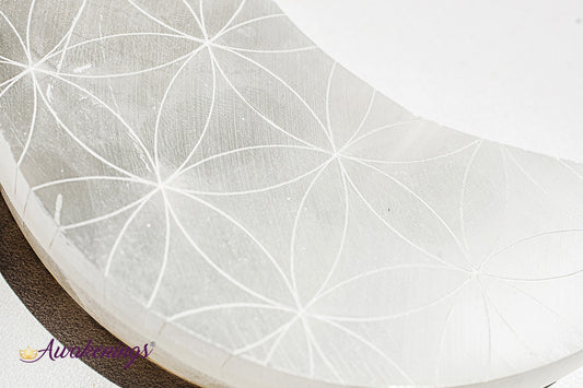 Selenite/Satin Spar Crescent Moon - Seed/Flower of Life Flat
