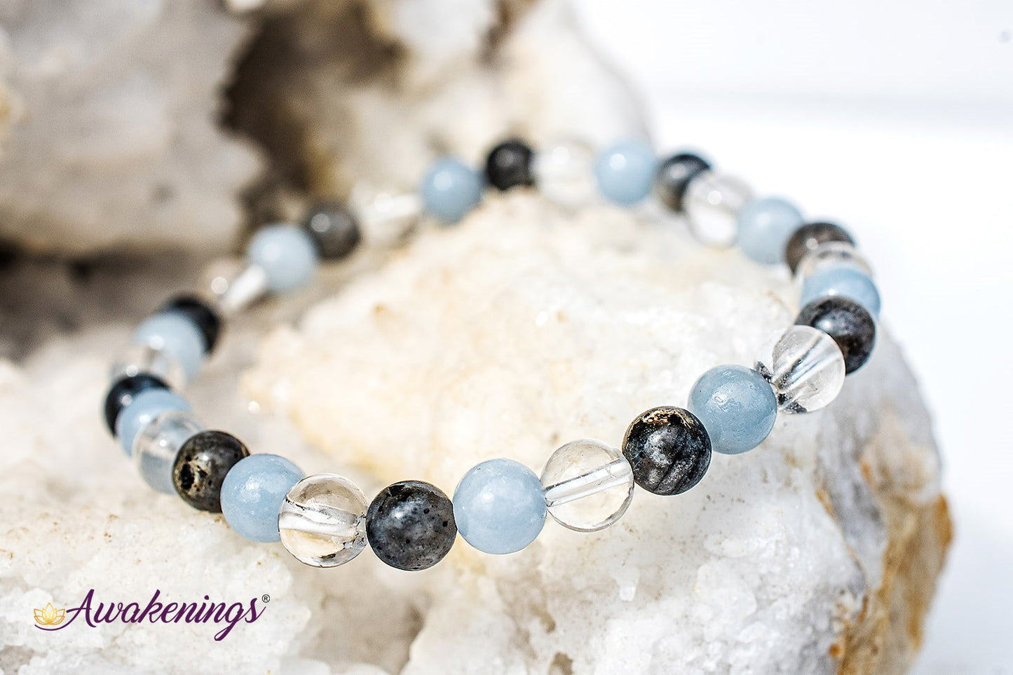 Black Labradorite, Angelite, & Clear Quartz Bracelet- 6mm