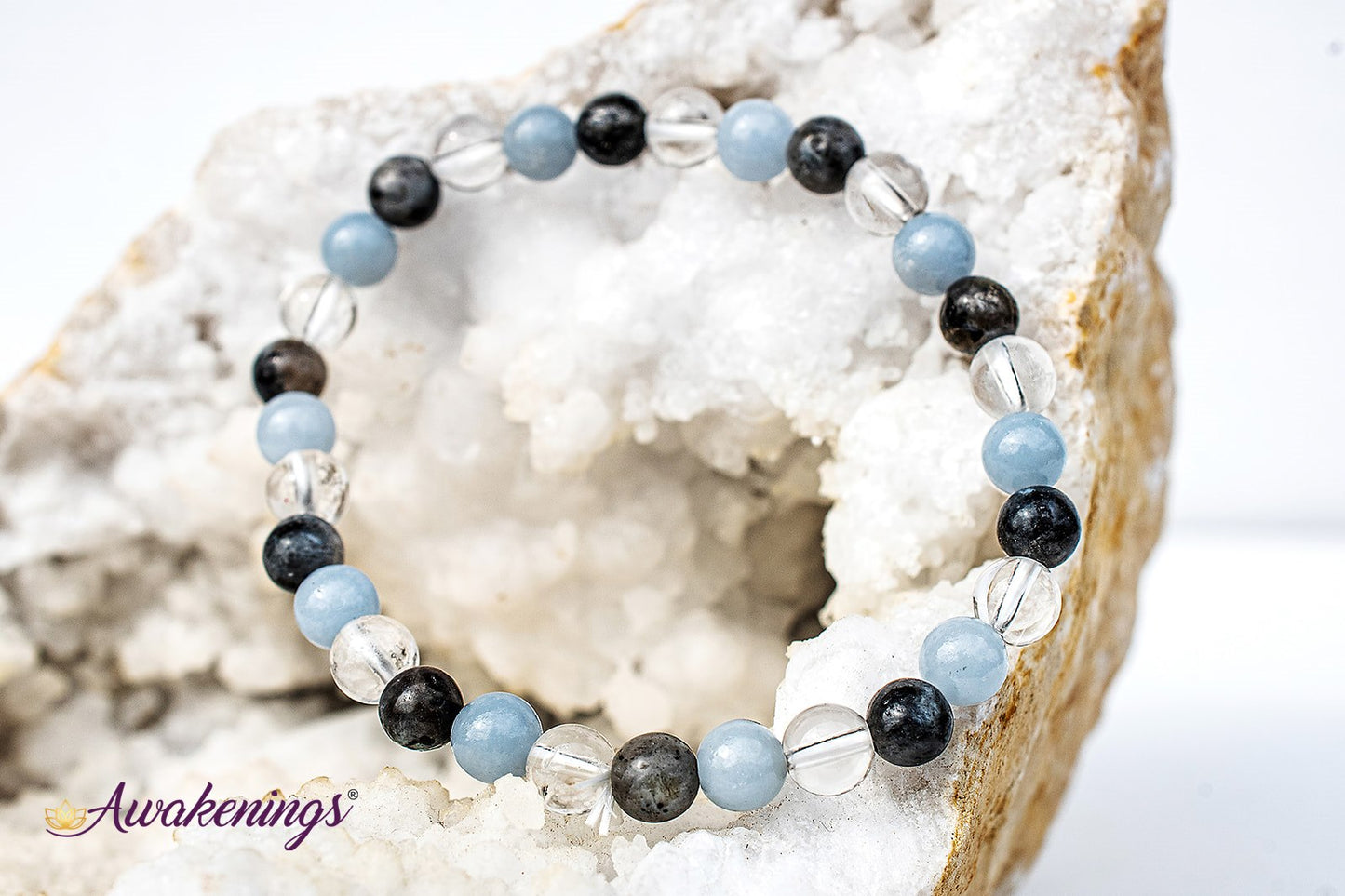 Black Labradorite, Angelite, & Clear Quartz Bracelet- 6mm