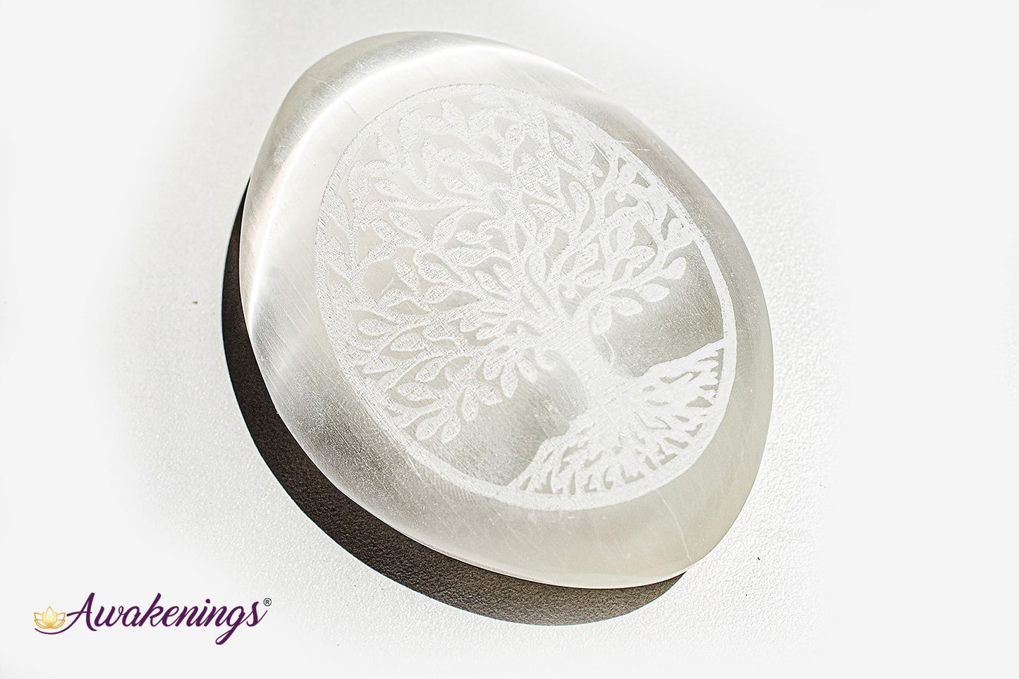 Selenite/Satin Spar Tree of Life Engraved Palm/Pillow/Pocket Stone - 1.5"